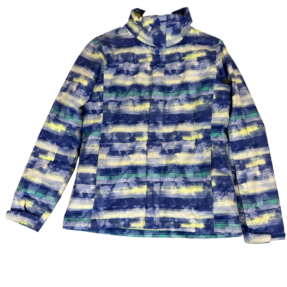 The North Face HyVent Rain Jacket Blue Yellow Striped Waterproof Shell Womens M